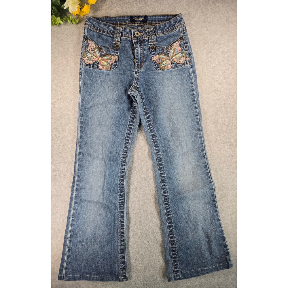 Angels Jeans Flare Leg Girls 24x24 16 Blue Butterfly Sequin Embellished Y2K Boho